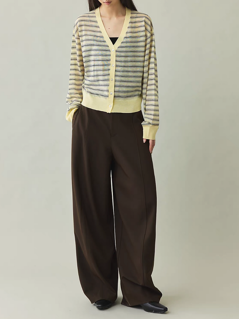 15% Wool rayon cotton V neck yellow green stripes cardigan 2