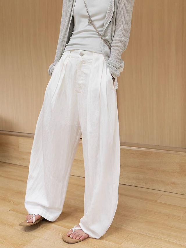 Back buttoned strap tencel cotton rayon pleated straight pants 1