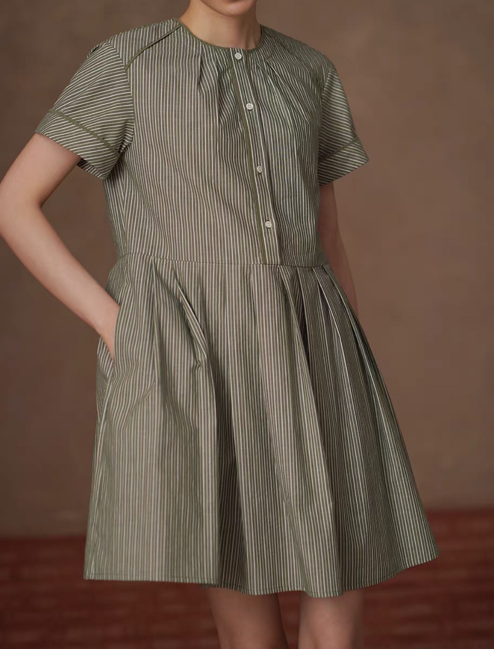 Thumbnail: Green striped crewneck buttoned pure cotton midi dress