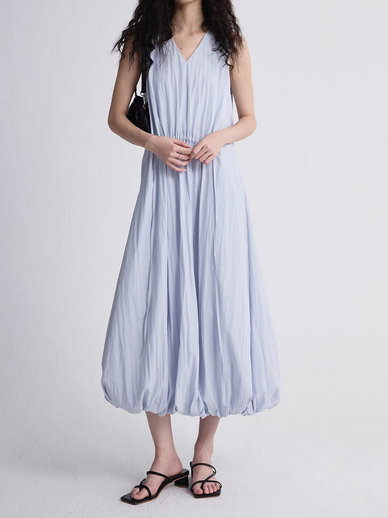 Halter waist drawstring puff pastel blue cotton tencel embossed dress 8