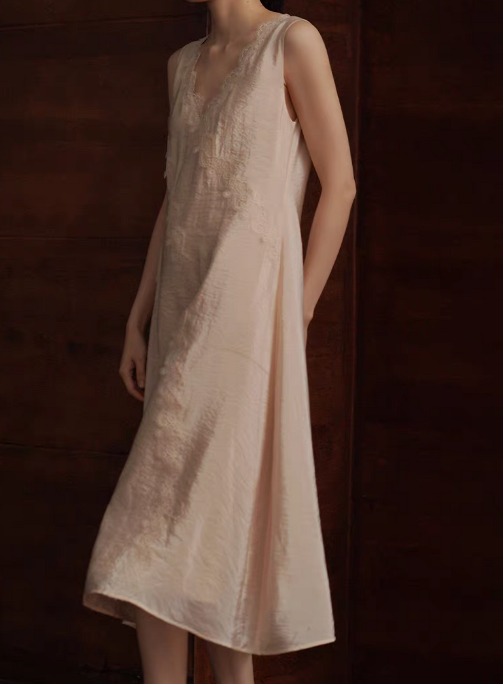 Thumbnail: Beige laced trim V neck embossed tencel poly sleeveless dress