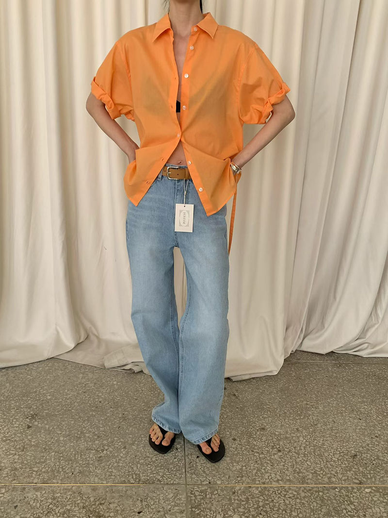 Rolled sleeves cotton buttoned back knot shirt 9