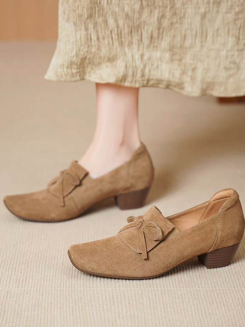 Calf leather suede ribbon flap low heels 1