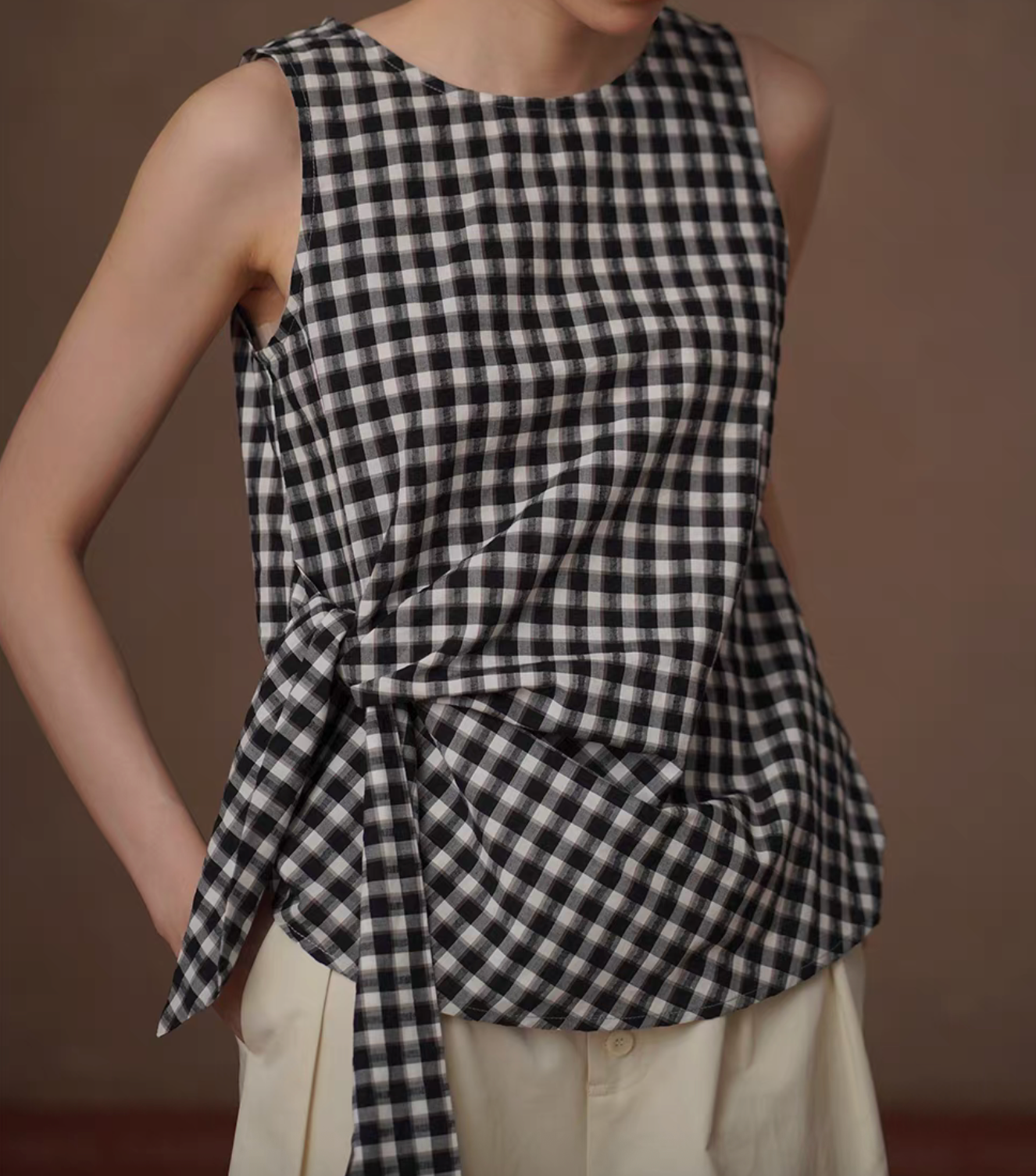 Checker side knot pure cotton back zipped vest