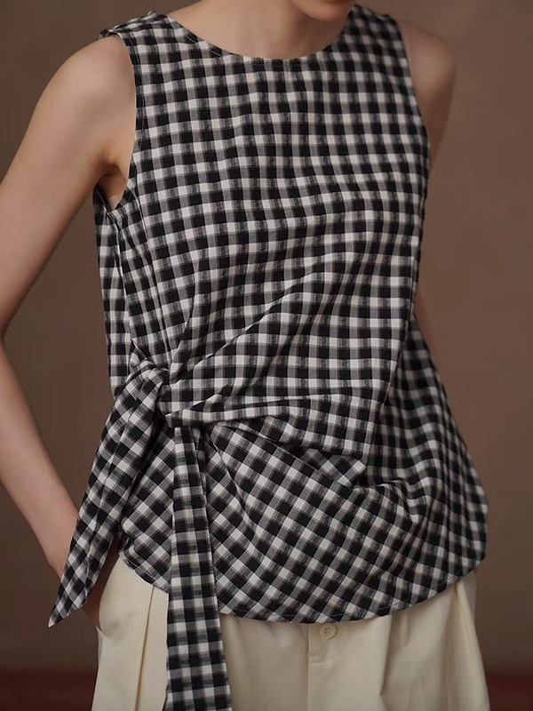 Checker side knot pure cotton back zipped vest