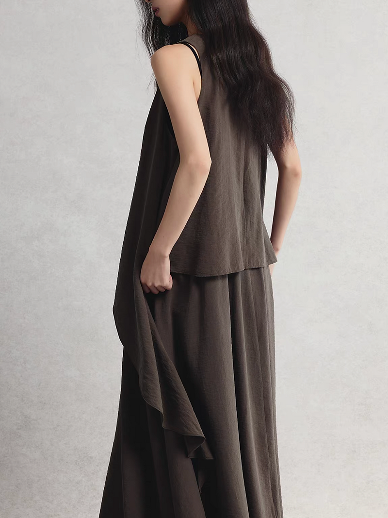 Asymmetric mocha olive side pockets layered sleeveless dress 7