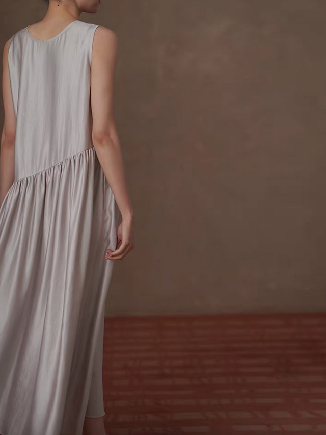 Greyish champagne color V neck tiered poly satin maxi sleeveless dress 11