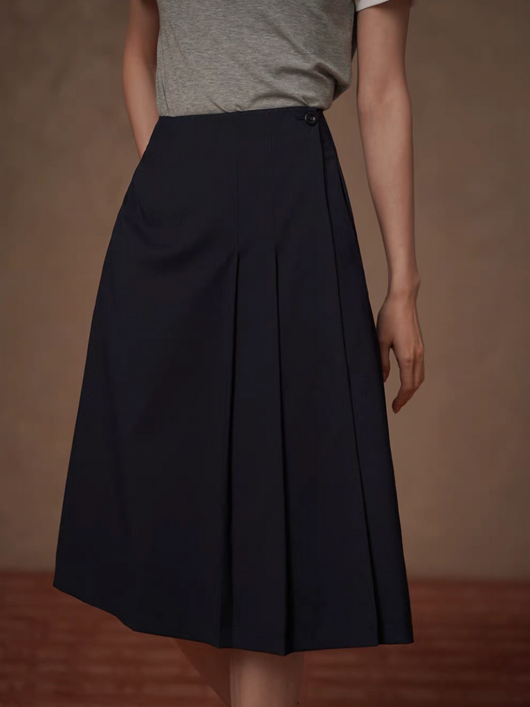 High waisted pleated cotton rayon navy skirt 2