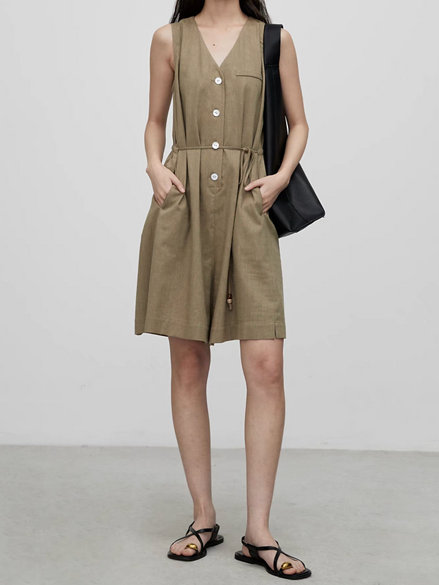 Khaki shell buttoned linen drawstring sleeveless romper 2