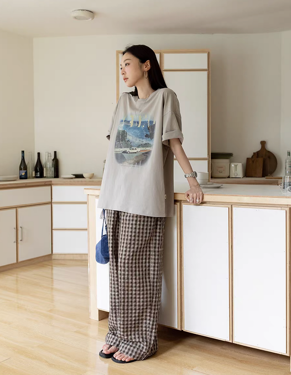 Thumbnail: Cotton rayon embossed checker drawstring straight pants