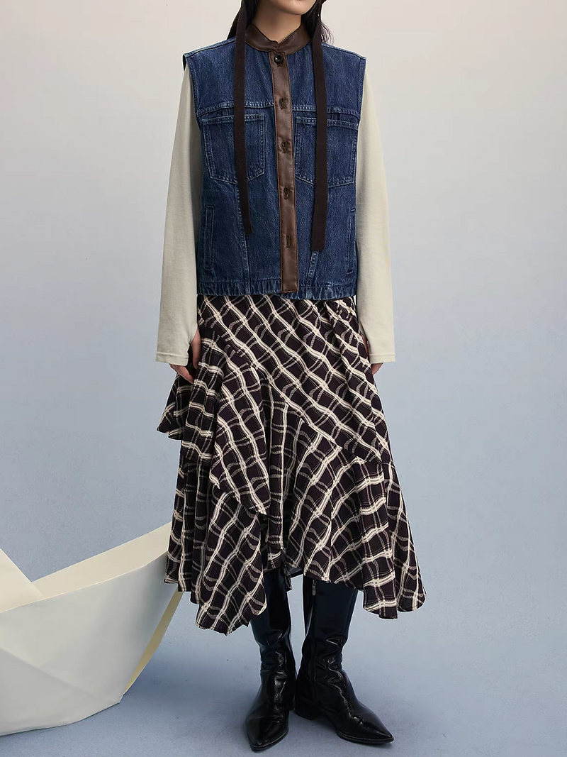 Synthetic suede trim denim buttoned vest 5