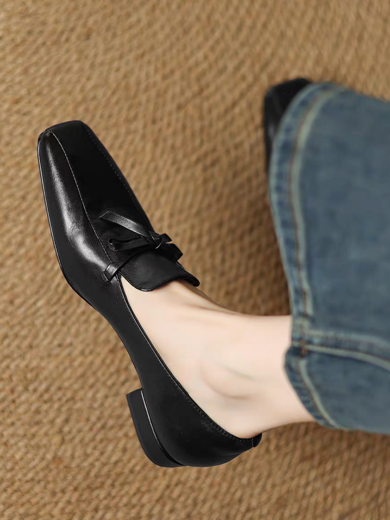 Oil waxed calf leather ribbon square toe loafers 7