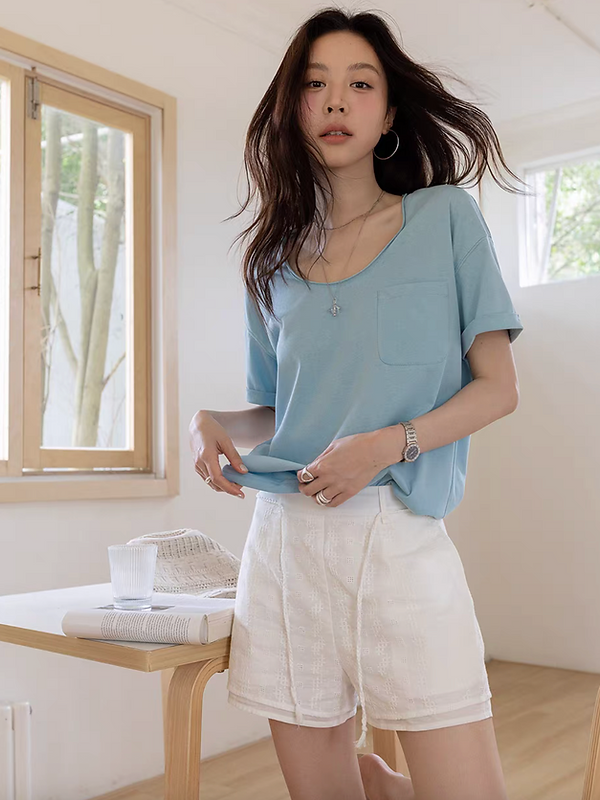Layered elasticated drawstring embroidered floral pure cotton shorts