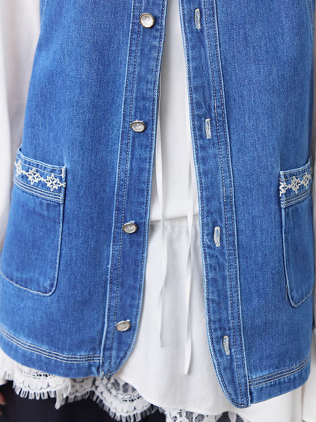 Lace embroidered trim tencel denim retro blue vest 7