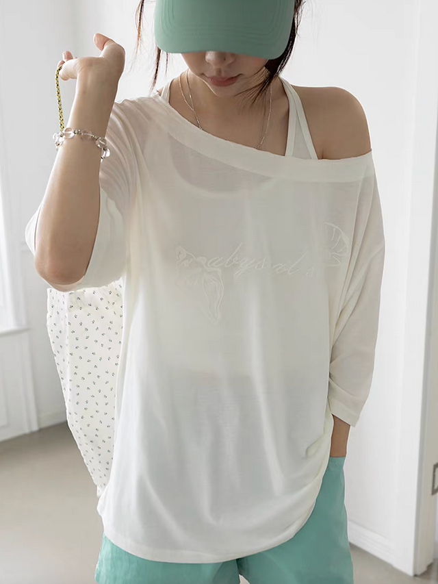 Modal cotton embroidered one shoulder relaxed tee 11