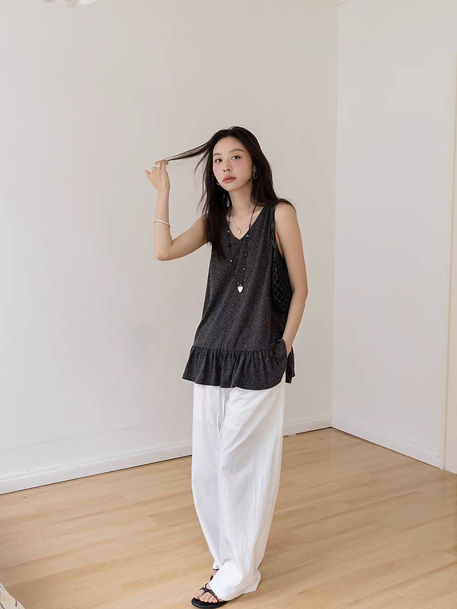 Peplum linen poly ruffles trim V neck vest 10