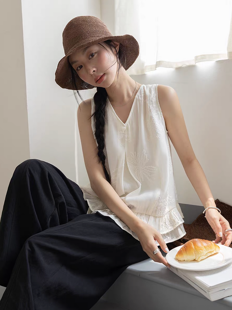 Floral embossed flare V neck poly cotton ivory vest 5