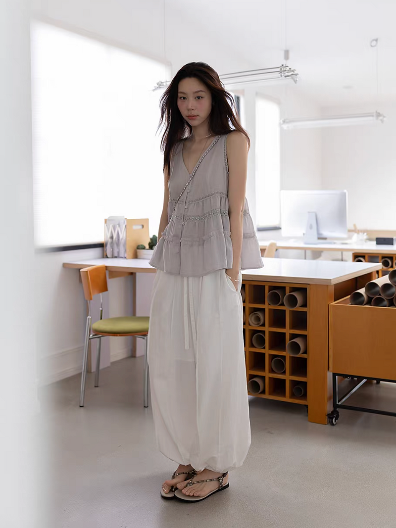 Lyocell tencel linen laced trim V neck sheer vest 10