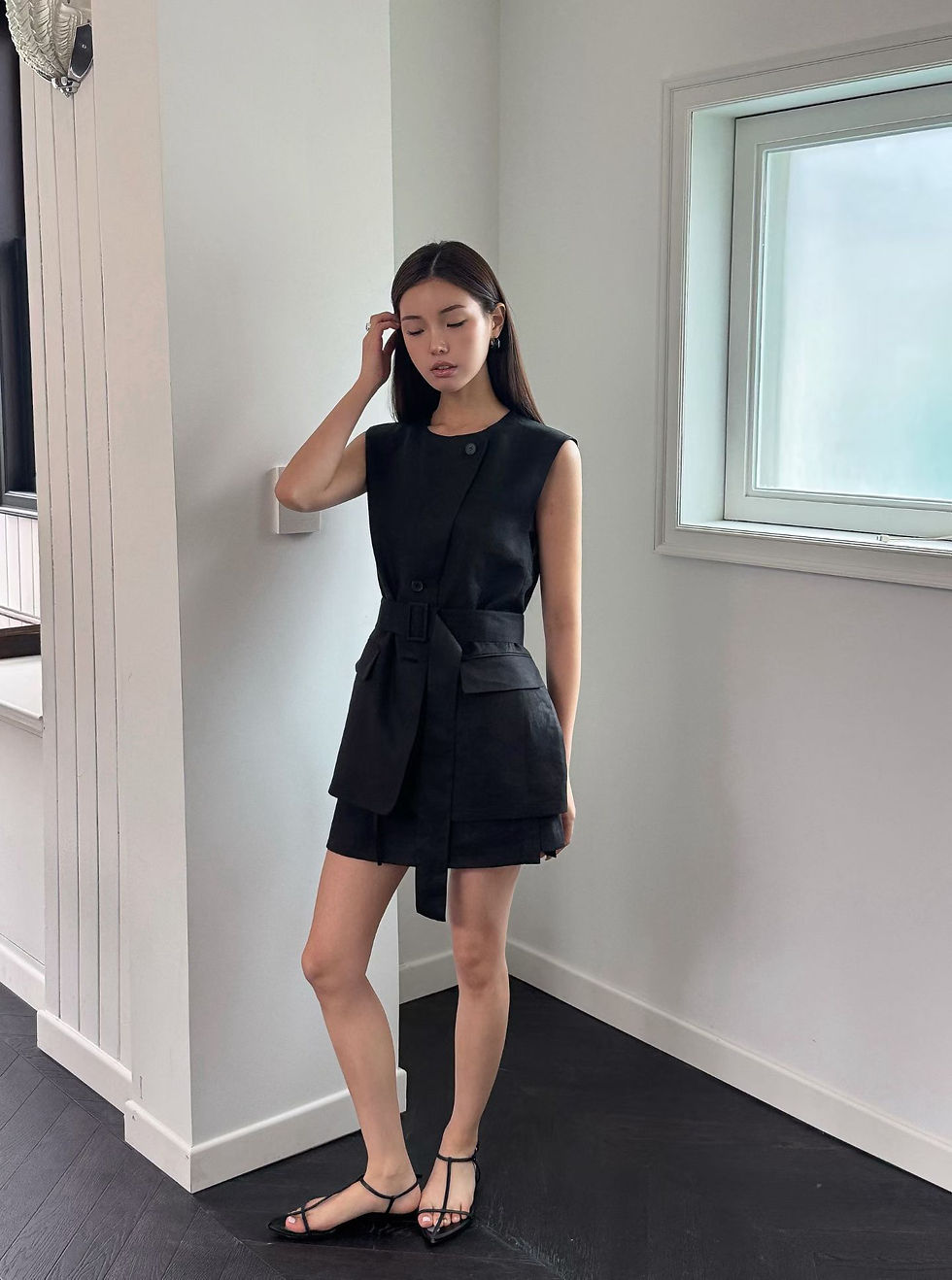 Thumbnail: Belted crewneck buttoned mid length vest