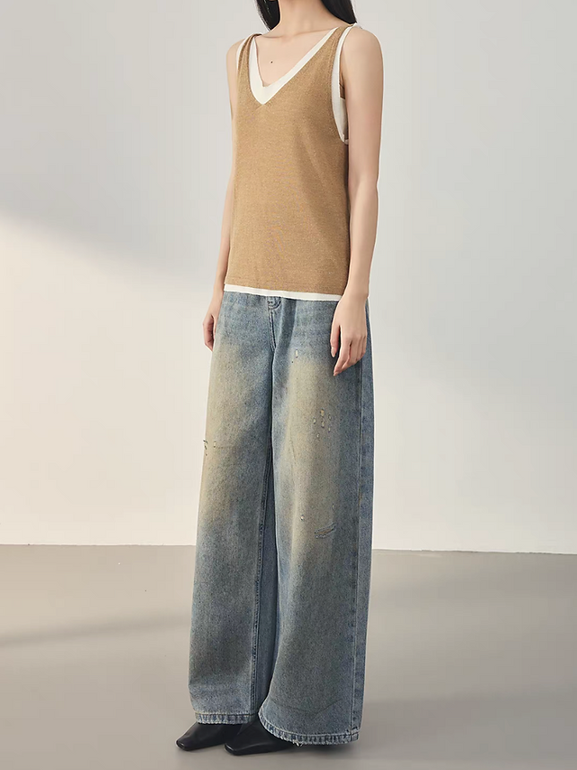 Connected two pieces like khaki ivory tencel linen rayon knitted vest 5