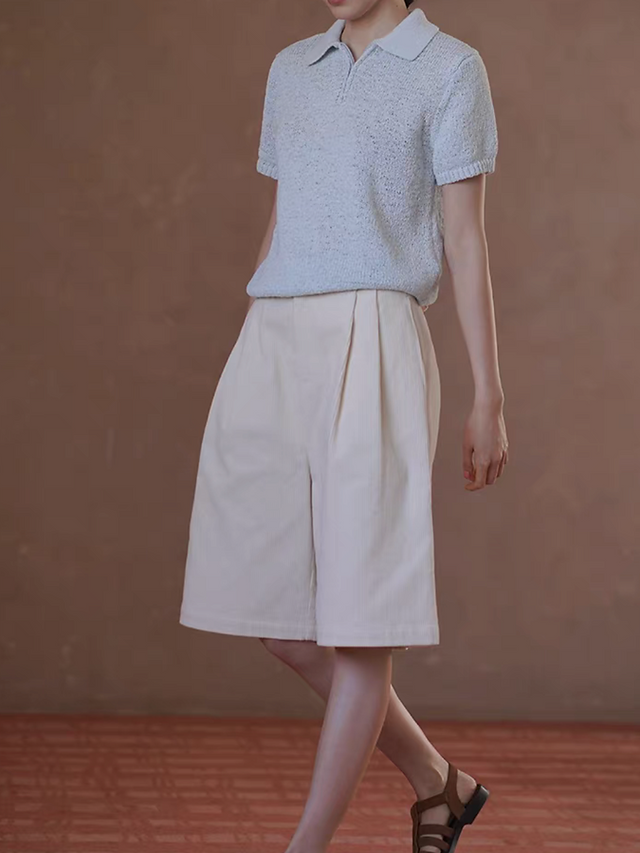 Ice blue cotton polyester polo half zipper stretchy knitted top 2