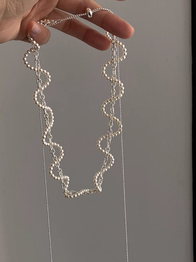 925 Silver alloy plastic pearl wavy layers adjustable necklace 7