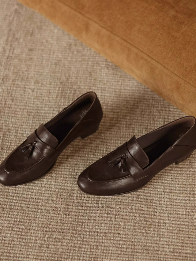 Calf leather plain color tassels soft loafers 6