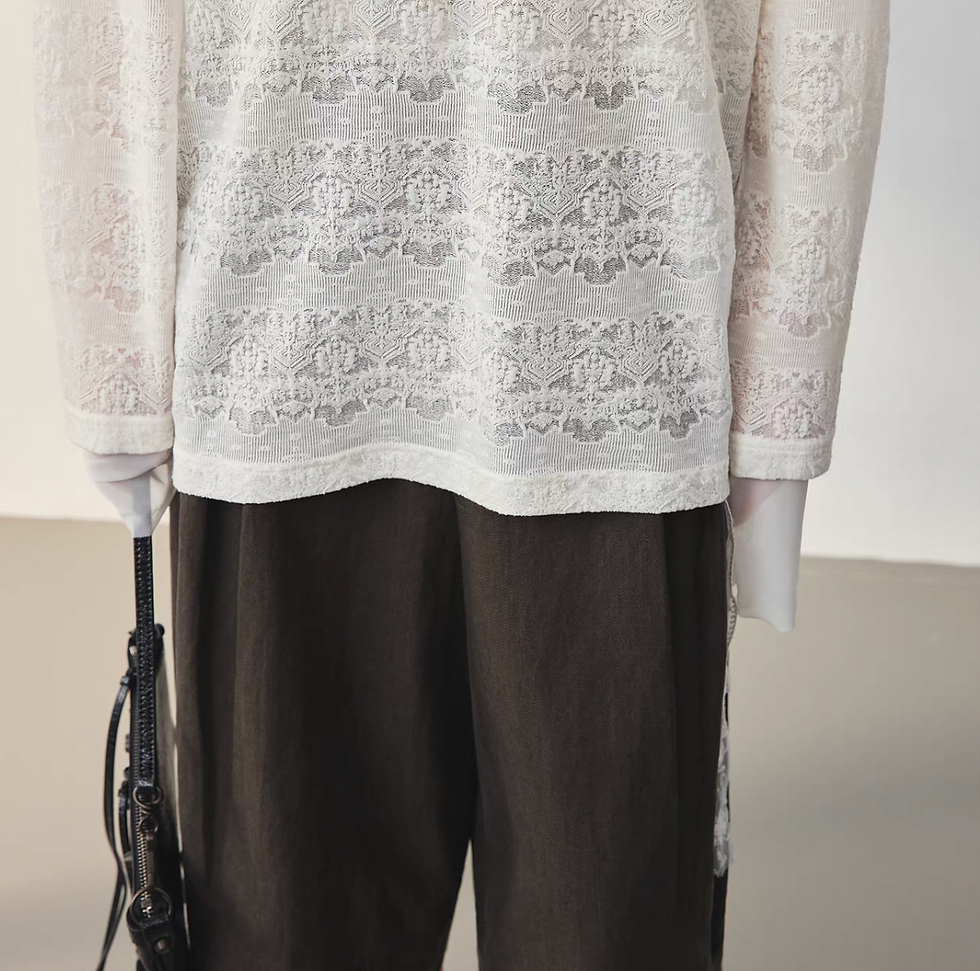 Thumbnail: Floral crochet ivory crewneck tencel wool rayon tee / blouse