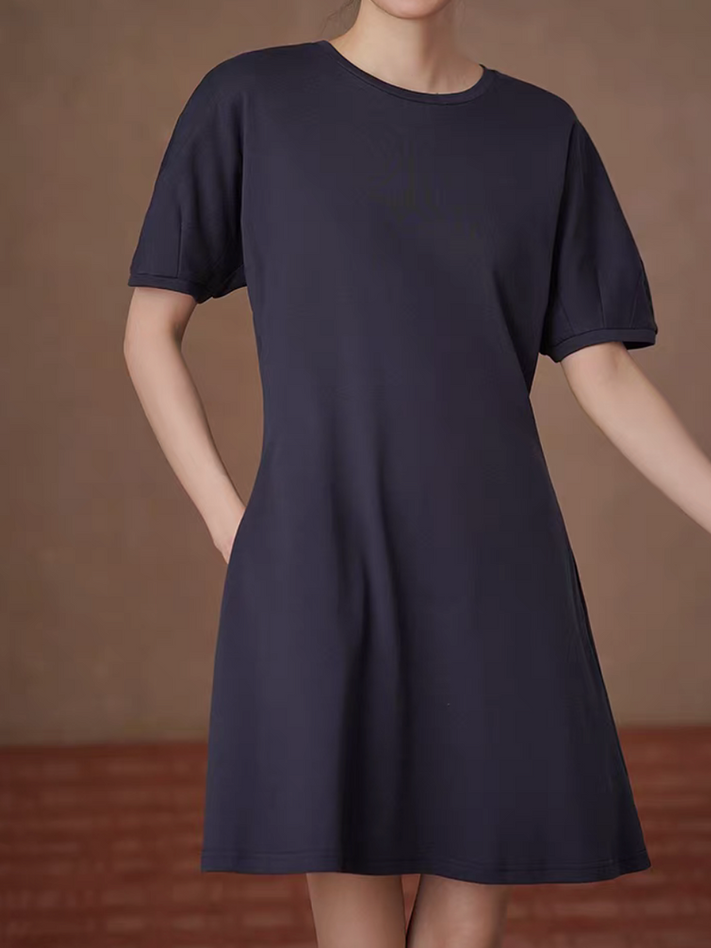 Navy crewneck side pockets cotton poly midi dress 1
