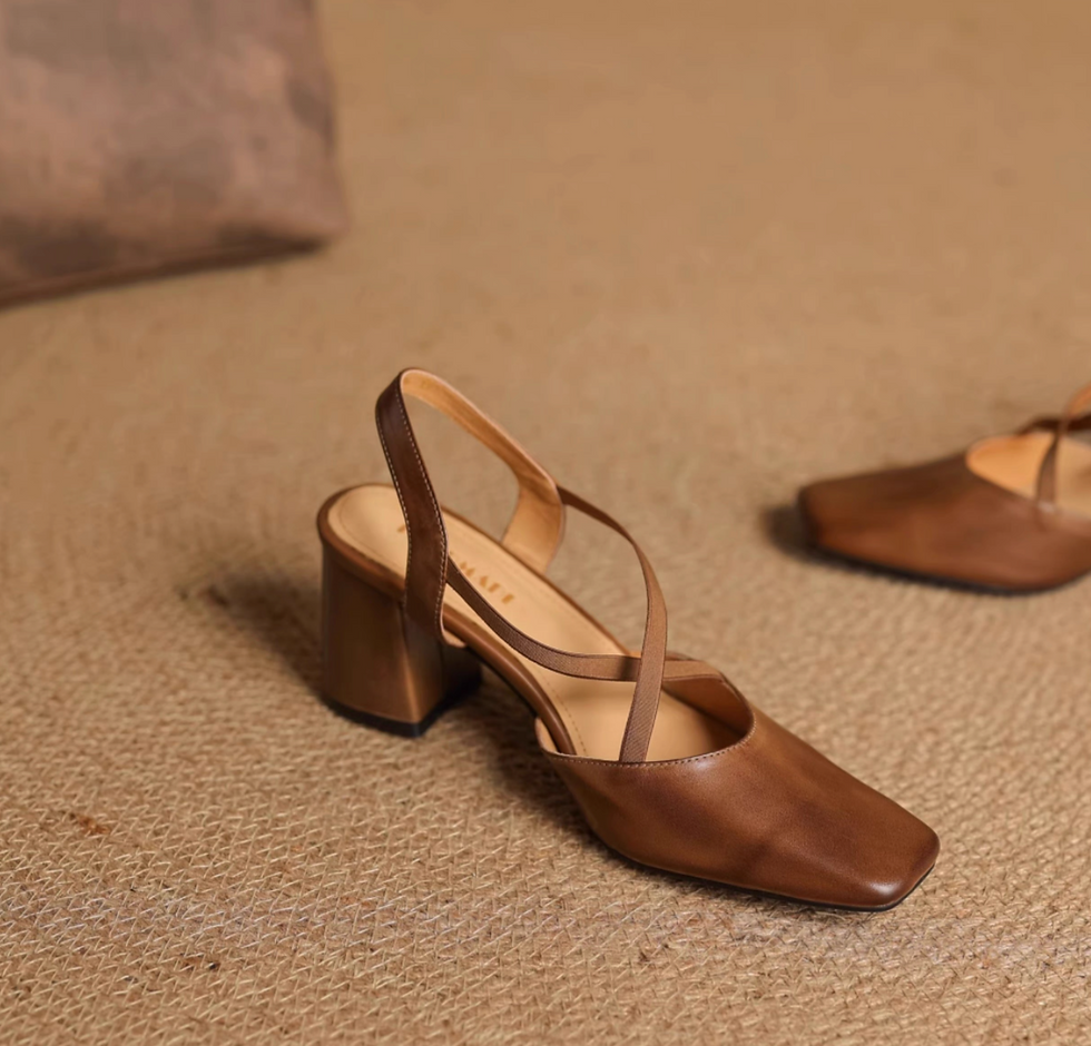 Thumbnail: Brushed off calf leather crossed straps sling back pointy heels