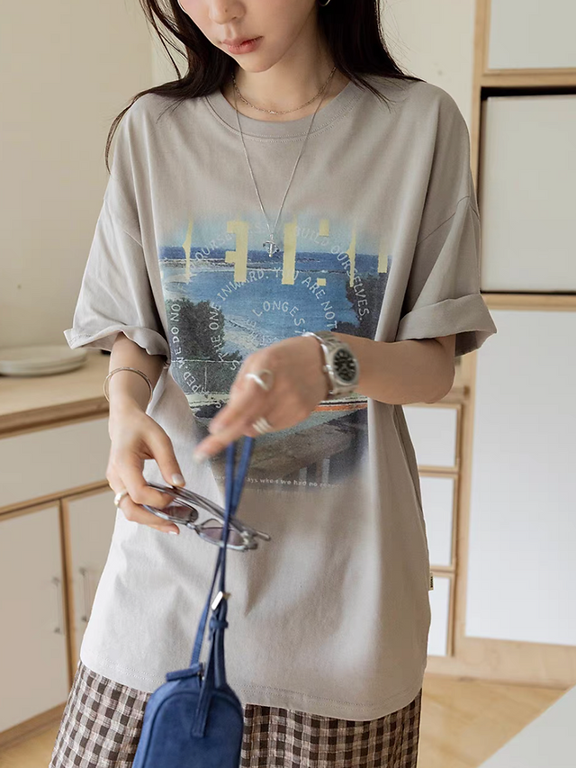 Vintage print cotton crewneck tee 1