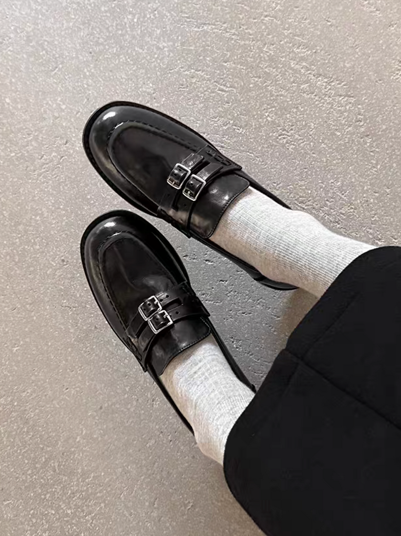 Mid double buckle straps contour calf leather loafers 5