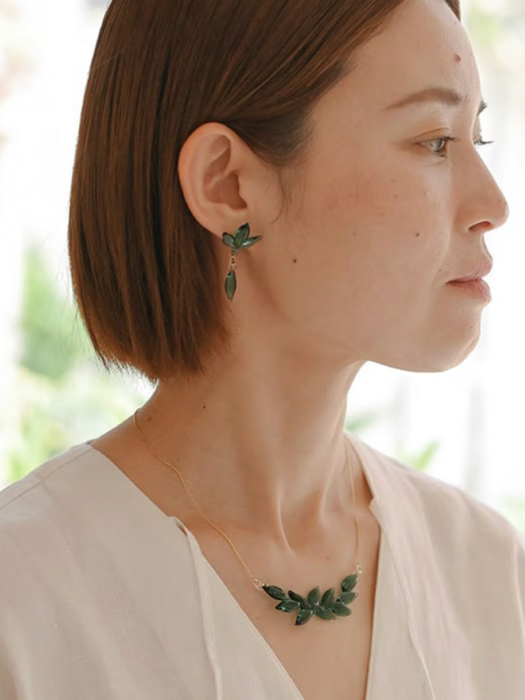 Handmade Hario yureha Maako Kido green tinted leafy glass necklace 7