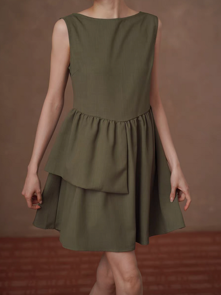 Olive green poly asymmetric layered sleeveless dress