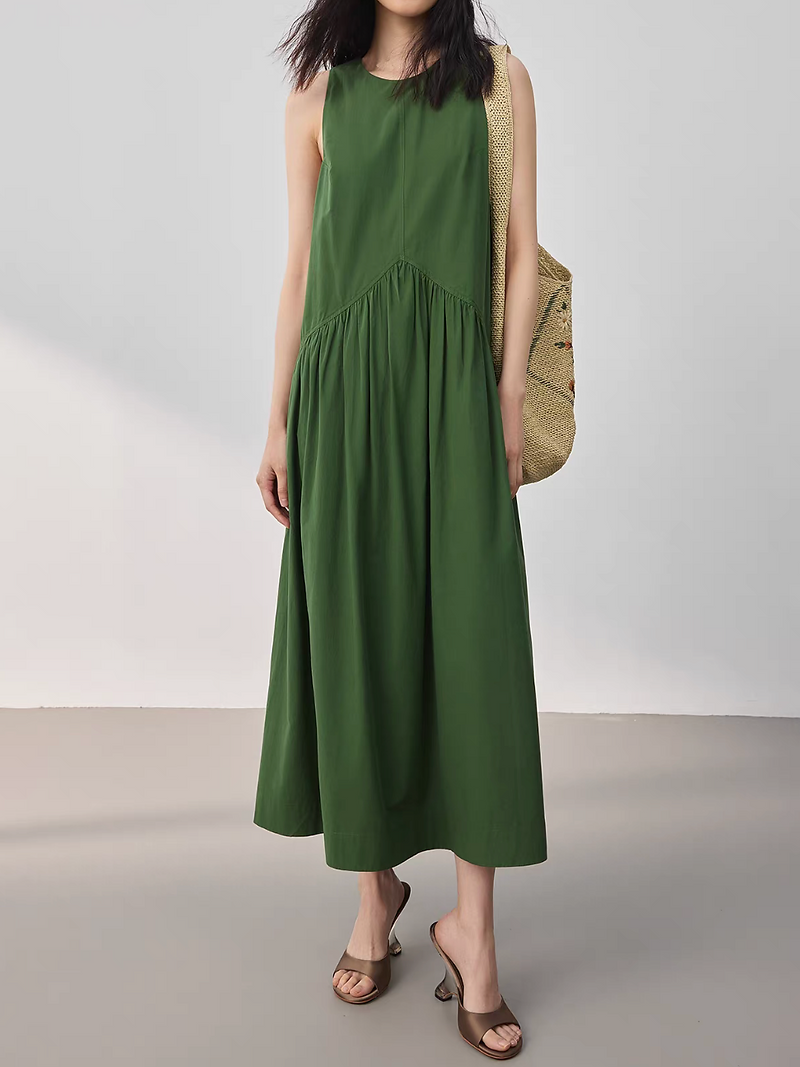 Forest green halter linen cotton side pockets YKK zipper maxi sleeveless dress 1