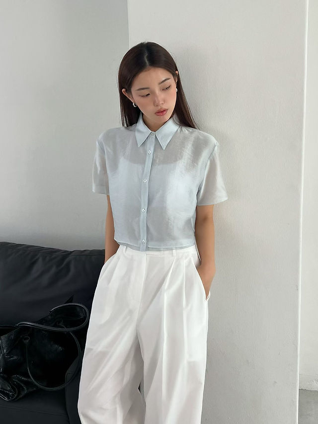 Silk viscose nylon cropped sheer embossed shirt  5