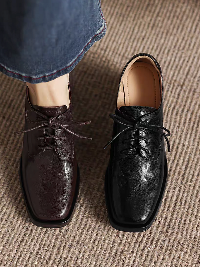 Square toe embossed lambskin chunky heel lacing shoes 6