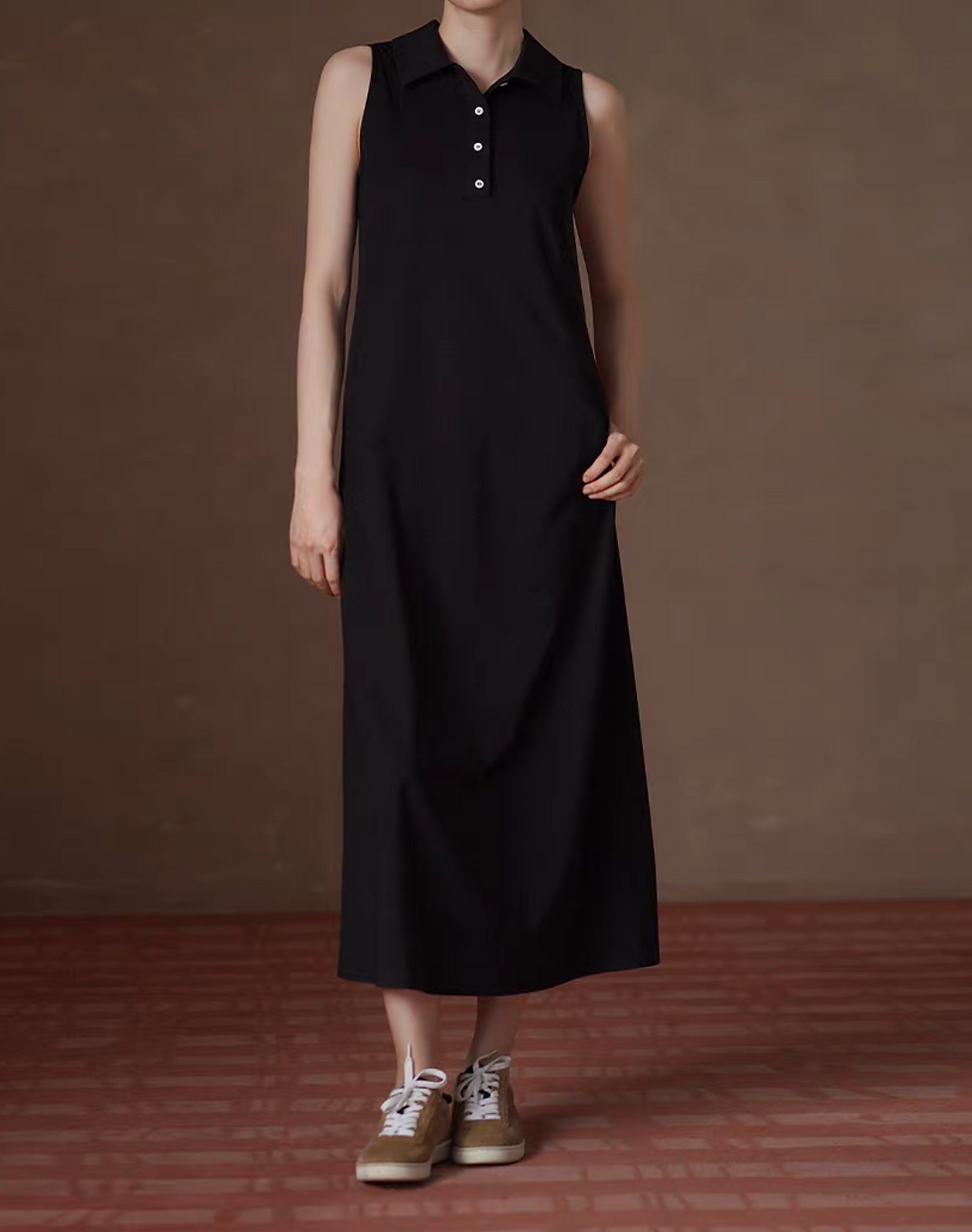 Thumbnail: Black poly rayon polo long sleeveless dress