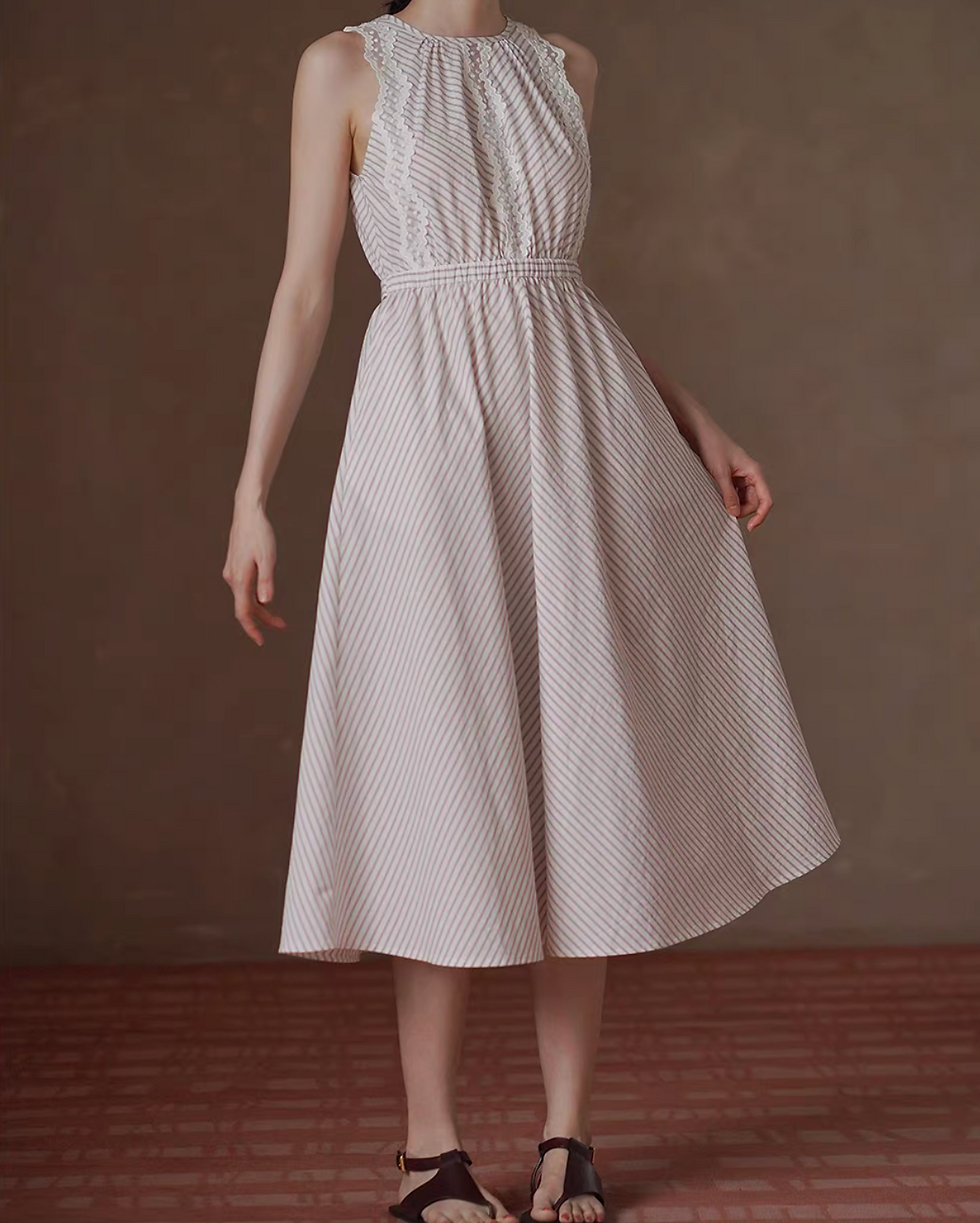 Thumbnail: Laced wavy trim striped embossed beige ivory halter sleeveless dress