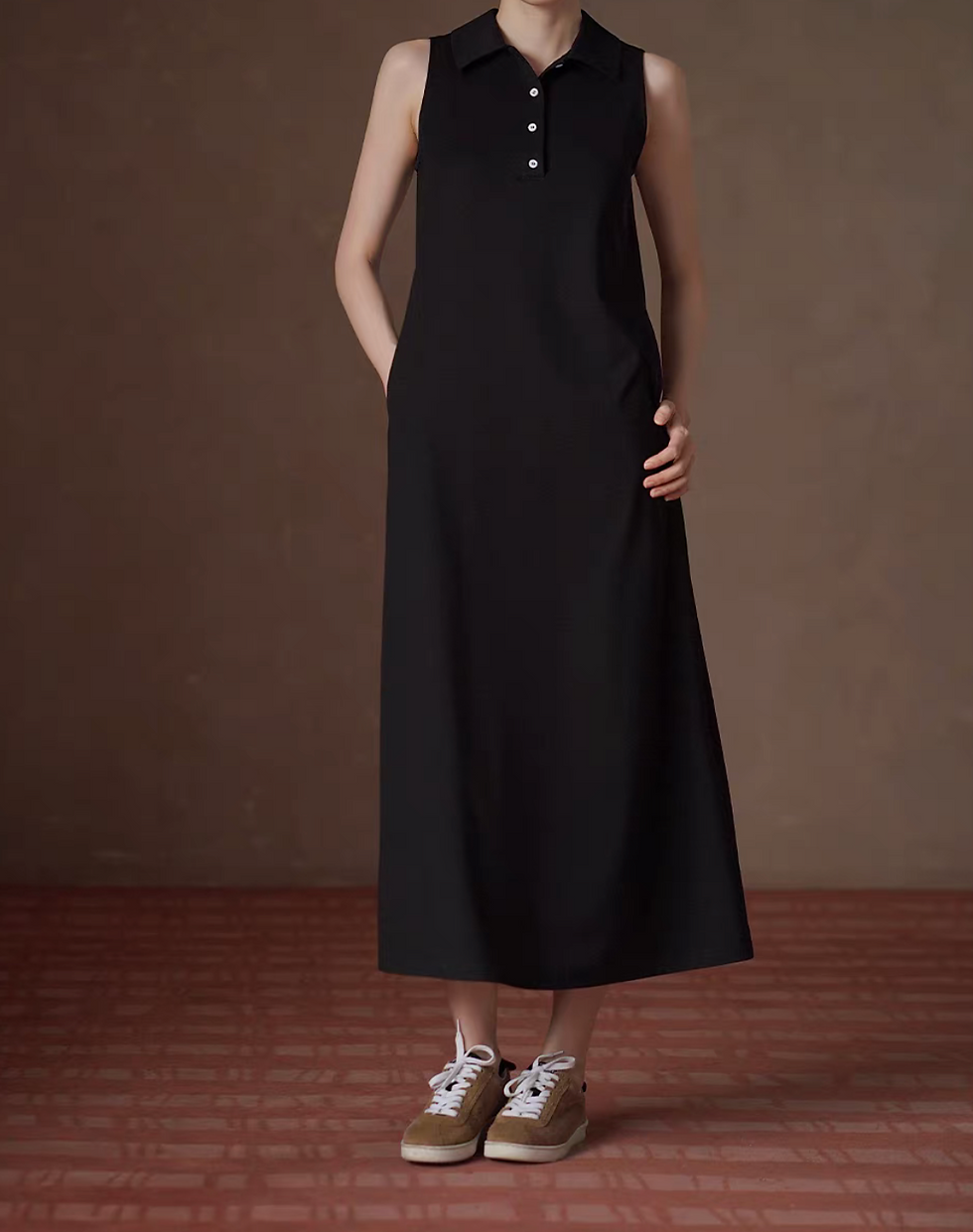 Thumbnail: Black poly rayon polo long sleeveless dress