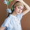Thumbnail: Embossed flutter sleeves blue cotton drawstring blouse