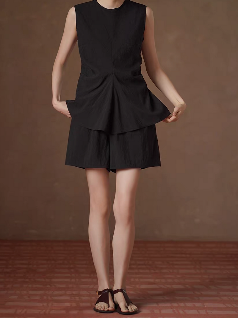 Black lyocell linen back buttoned side pleated vest + shorts set 6