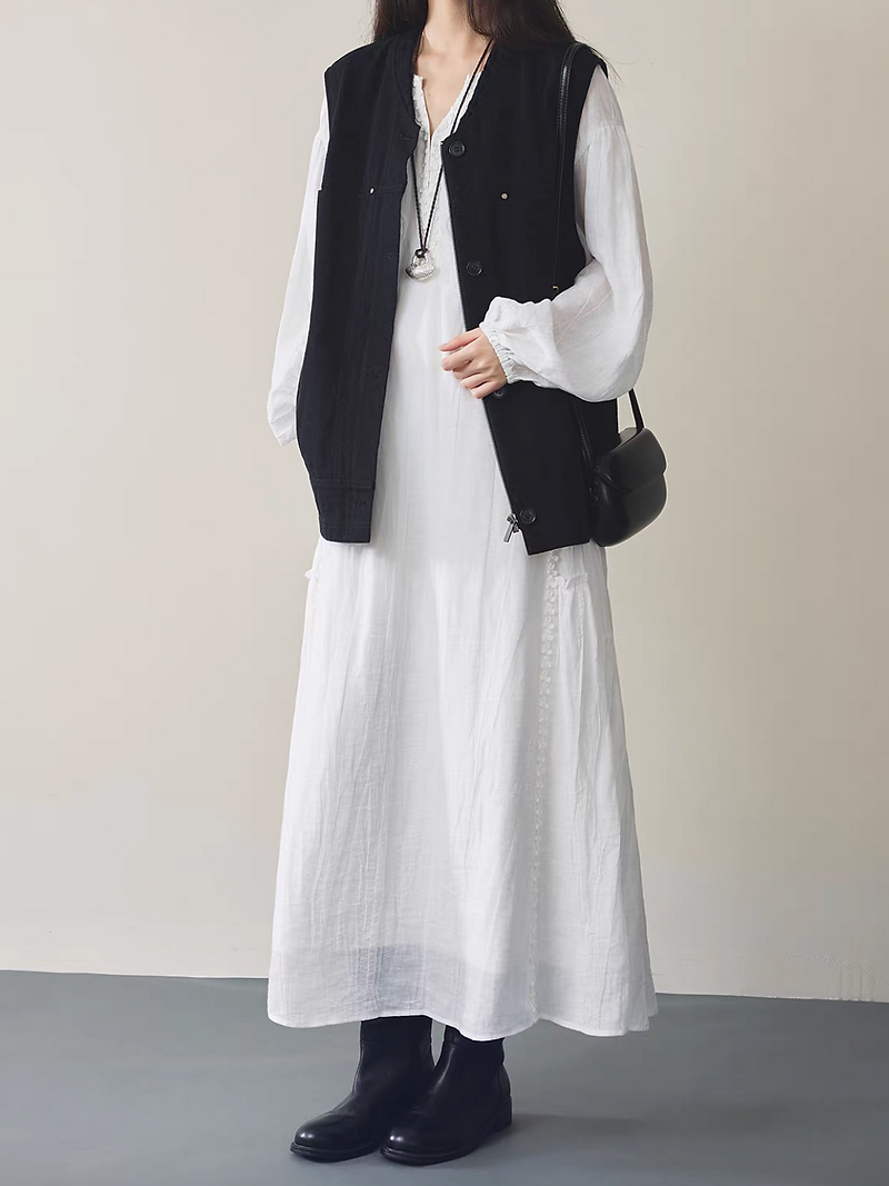 Lyocell linen embroidery floral white lined puff sleeves midi dress 9
