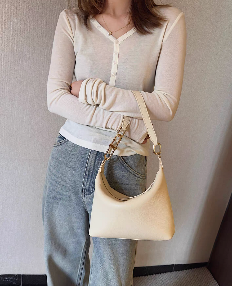 Thumbnail: Ivory toga embossed calf leather 3 way interloop handle + crossbody drape bag