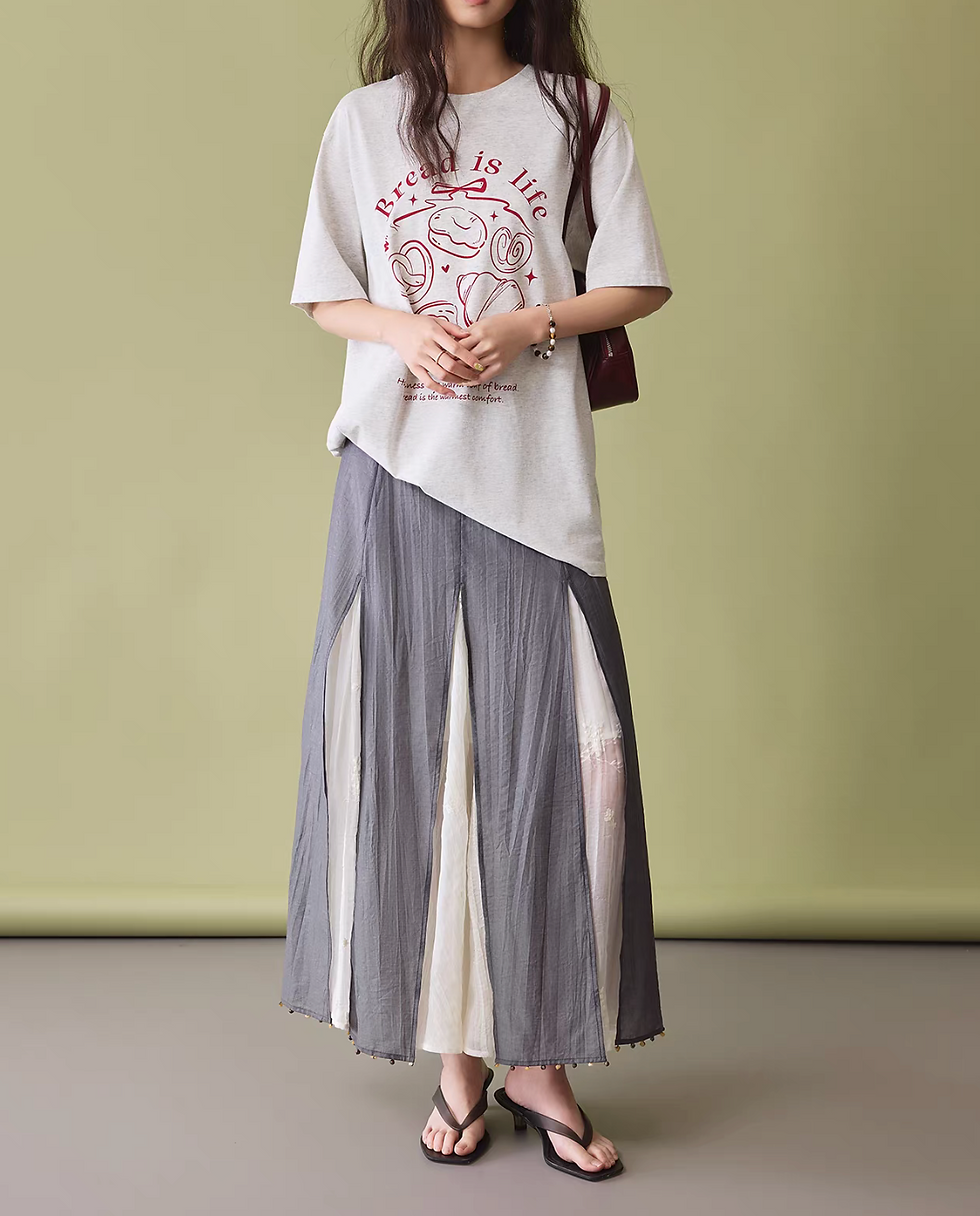 Thumbnail: Tencel cotton rayon layered ivory embroidered docking grey beads deco skirt