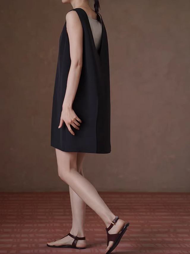 Black deep V low back poly rayon contour dress 10