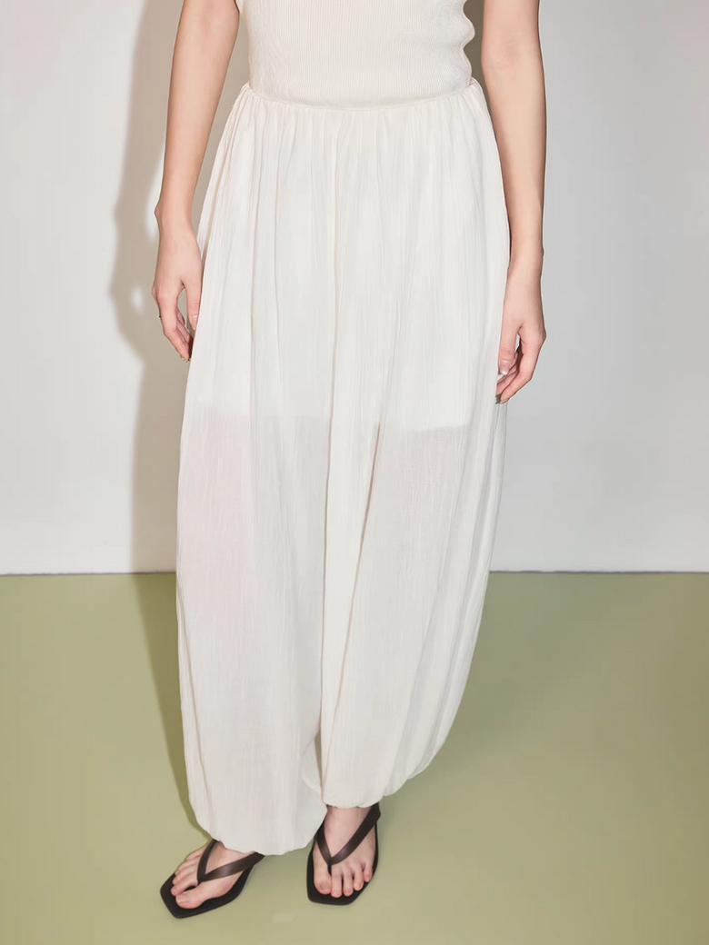 Ivory elasticated partial sheer lyocell tapered pants 1