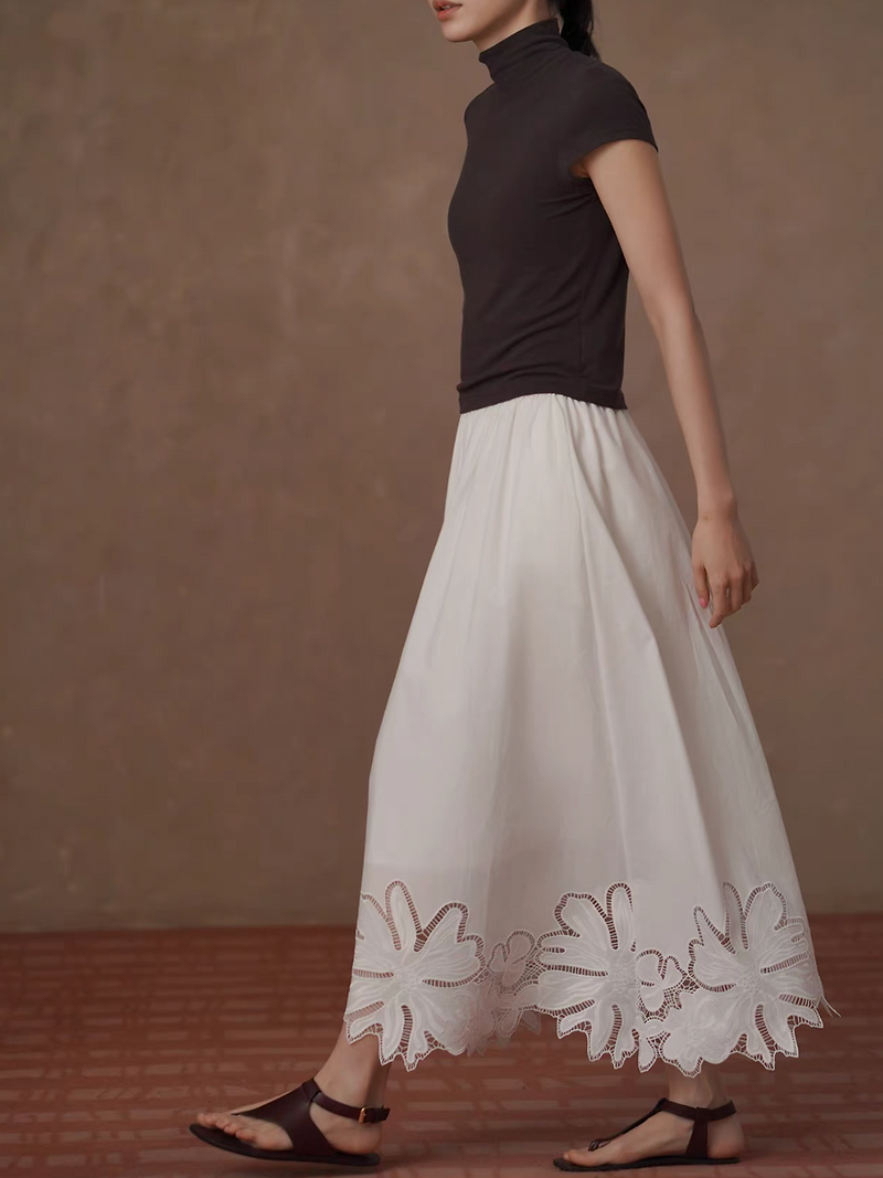 Elasticated ivory floral crochet wavy trim lined table skirt 5