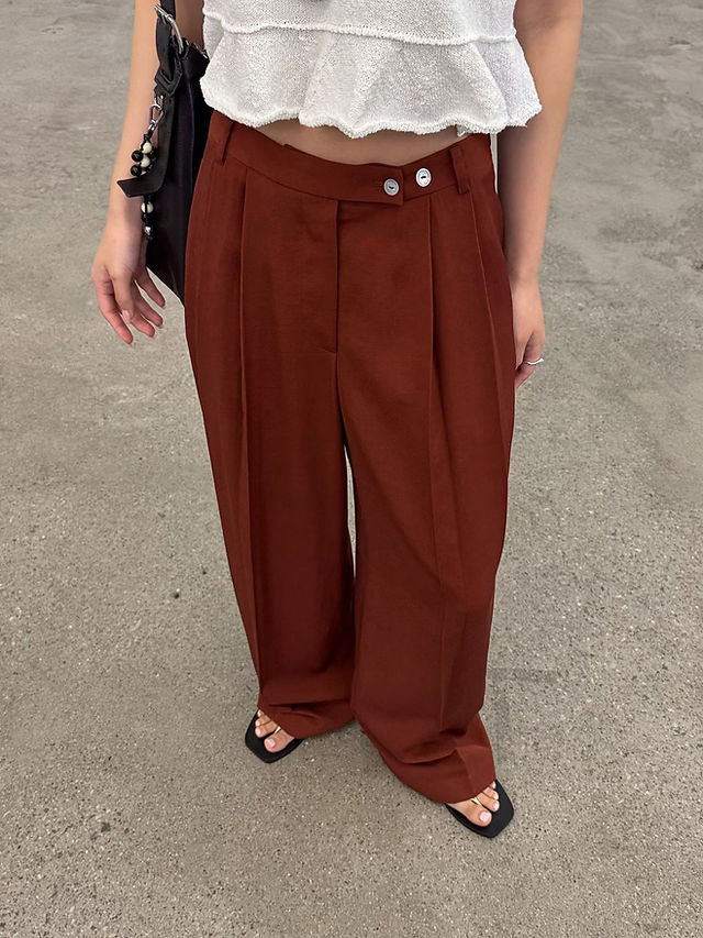 Side double buttoned strap pleated linen rayon straight leg pants  10