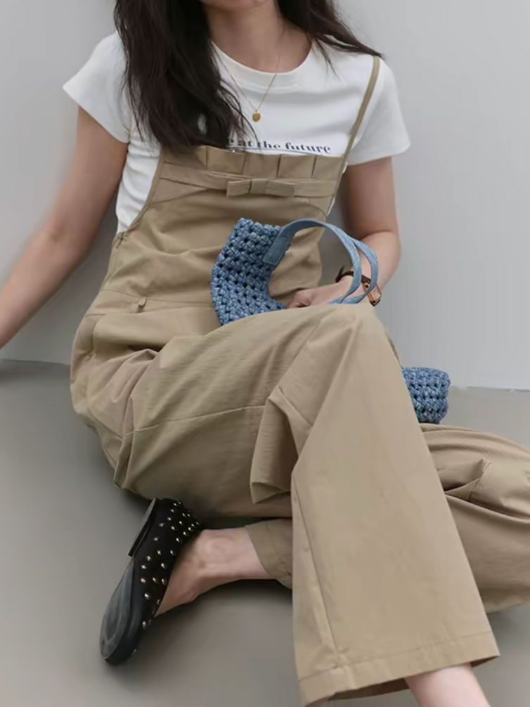 Khaki beige cotton pleated front bow overalls 6